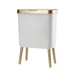 Bathroom Trash Can with Lid, Plastic Garbage Can with Legs, 4 Gallon Gold Trash Bin with Push Button, Narrow White Trash Can Waste Basket for Bedroom, Living Room,Office，Dog Proof Trash Bin