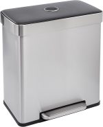Dual Compartment Recycling Trash Can with Soft-Close Lid, Fingerprint Resistant, Removable Liner Buckets, 60 Liters, Rectangular, Grey, Silver