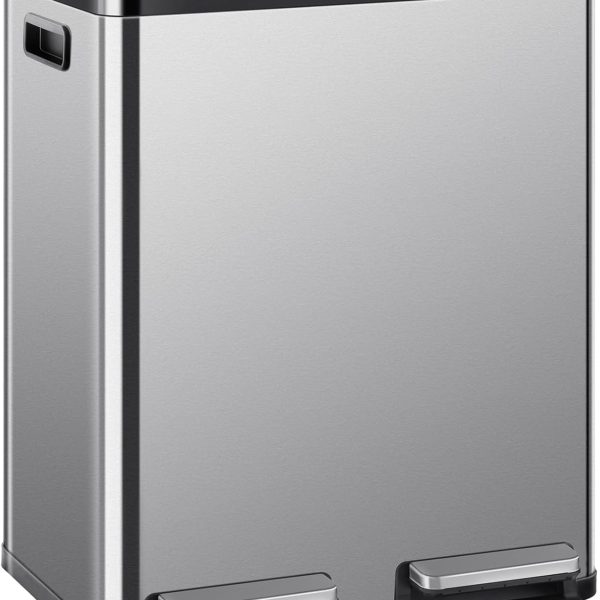 Kitchen Trash Can, 2×8-Gallon Garbage Can with Lid, Stainless Steel Trash Bin with 2 Removable Inner Buckets, Soft-Close Foot Pedal, Fingerprint-Resistant for Kitchen Home Office
