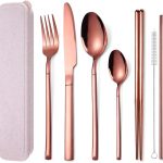 7 Pieces Stainless Steel Flatware Set Portable Reusable Cutlery Set Travel Utensils Set Including Chopsticks Knife Fork Spoon Straws Cleaning Brush Dishwasher Safe (Rose golden)