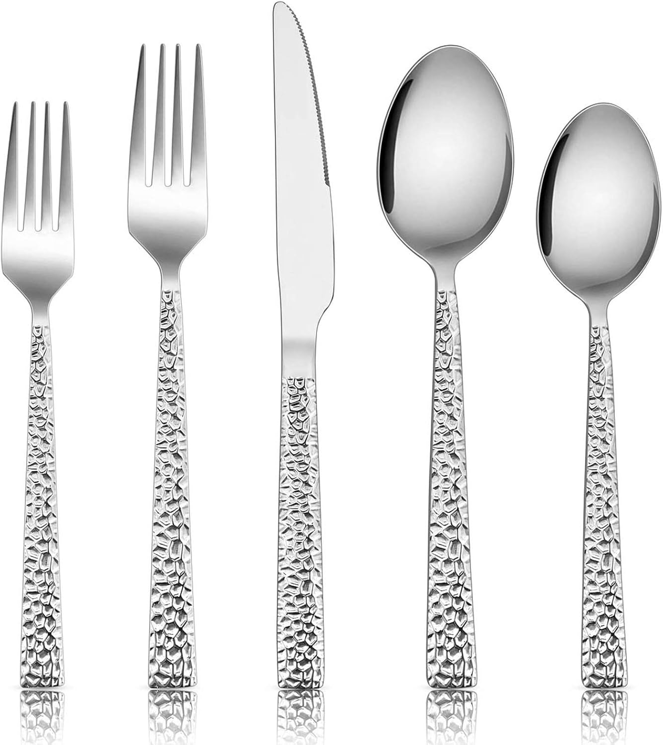 71DU9UI0nGL._AC_SL1500_.jpg Hammered Silverware Set, 40-Piece Stainless Steel Square Flatware Set for 8, Metal Tableware Cutlery Set Includes Dinner Knives/Forks/Spoons, Modern Design & Mirror Polished - Dishwasher Safe - Image 1