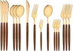 16-Piece Silverware Set with Cake Fork, Gold Stainless Steel Flatware Cutlery Set, Eating Utensils Set with Wooden effect Handle, Include Knife Fork Spoon, Mirror Polished, Dishwasher Safe