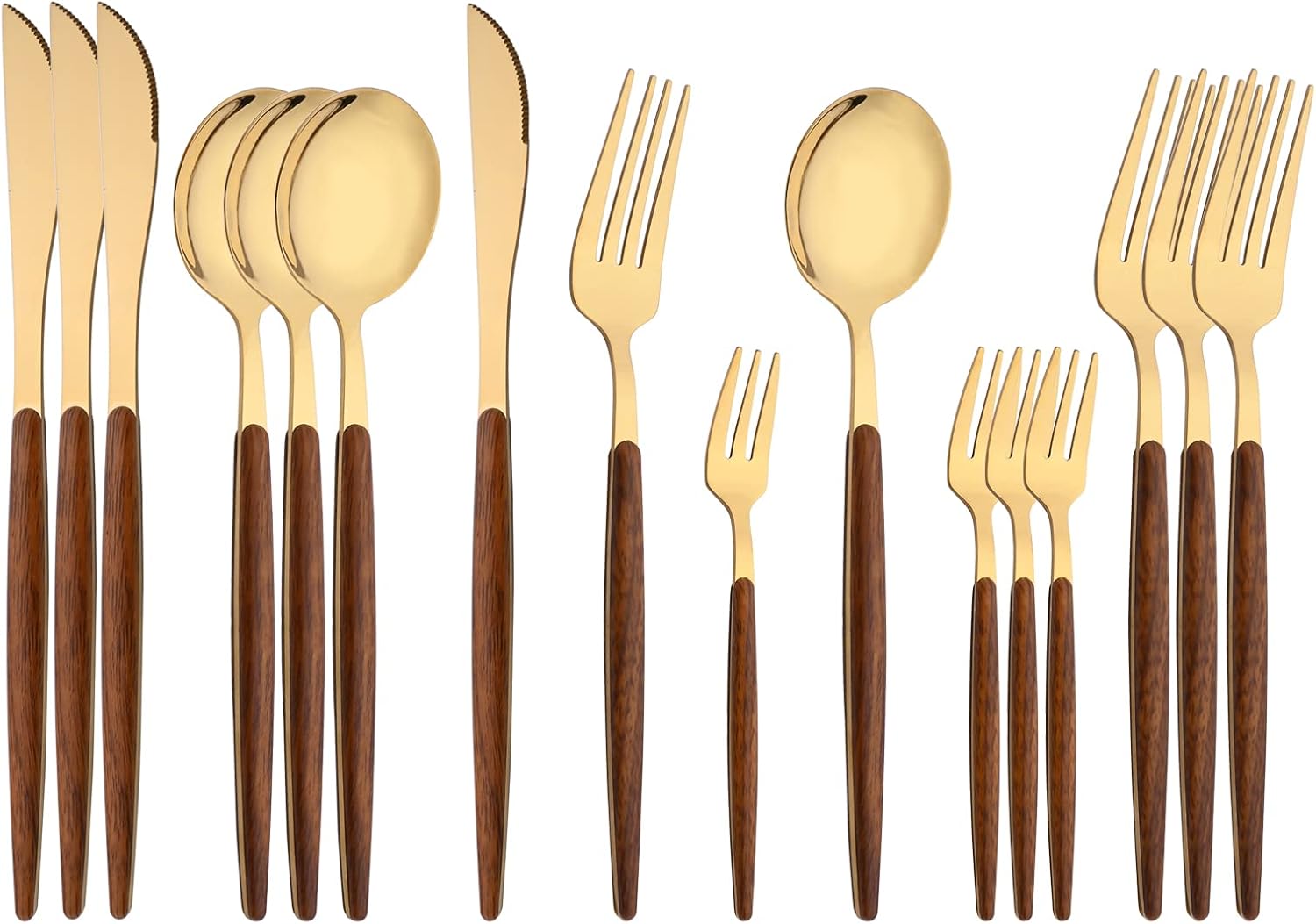 71GBi-MG7zL._AC_SL1500_.jpg 16-Piece Silverware Set with Cake Fork, Gold Stainless Steel Flatware Cutlery Set, Eating Utensils Set with Wooden effect Handle, Include Knife Fork Spoon, Mirror Polished, Dishwasher Safe - Image 1