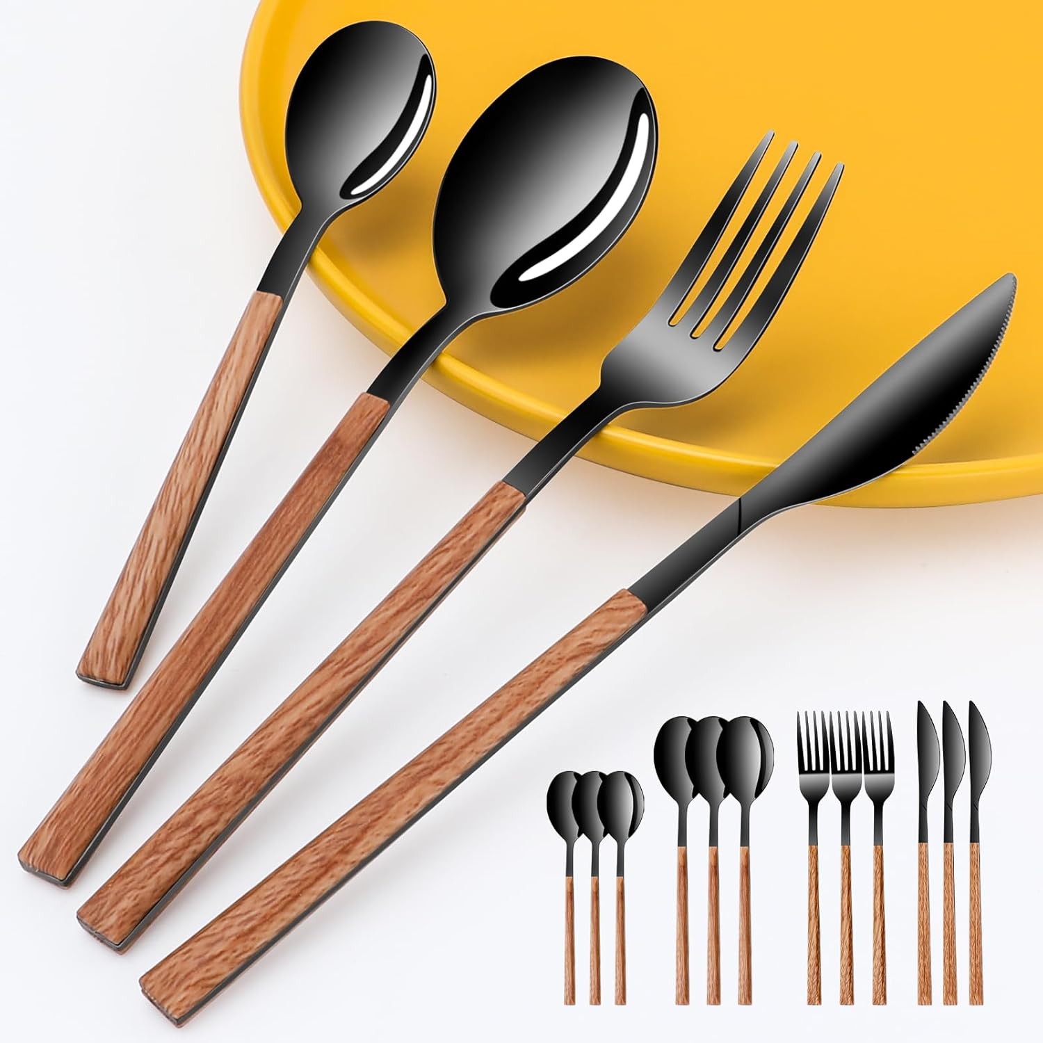 71gCl0NTd-L._AC_SL1500_.jpg Stainless Steel Flatware Set for 4, Cutlery Utensils Set Include Knives/Forks/Spoons Service for 4, Mirror Polished and Dishwasher Safe (black) - Image 1