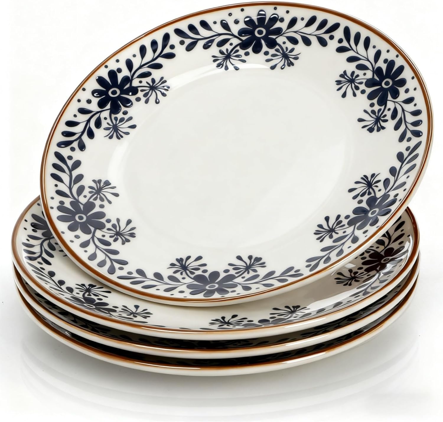 71txTdVkIcL._AC_SL1500_.jpg 4 Pack Ceramic Dinner Plates, 10" Round Appetizer Plates, Blue Floral Dessert Serving Dishes, Vintage Salad Plate, Scratch Resistant Dinnerware for Kitchen, Microwave Dishwasher Oven Safe - Image 1