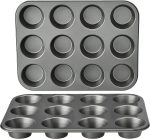 Nonstick Muffin Pan, Set of 2, Sturdy, Oven Safe, Bakes Evenly, Easy to Clean, 12 Cups, Gray, 13.9x10.55x1.22"